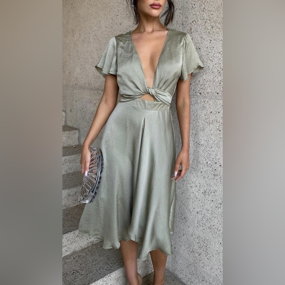 Satin tie knot high low midi dress